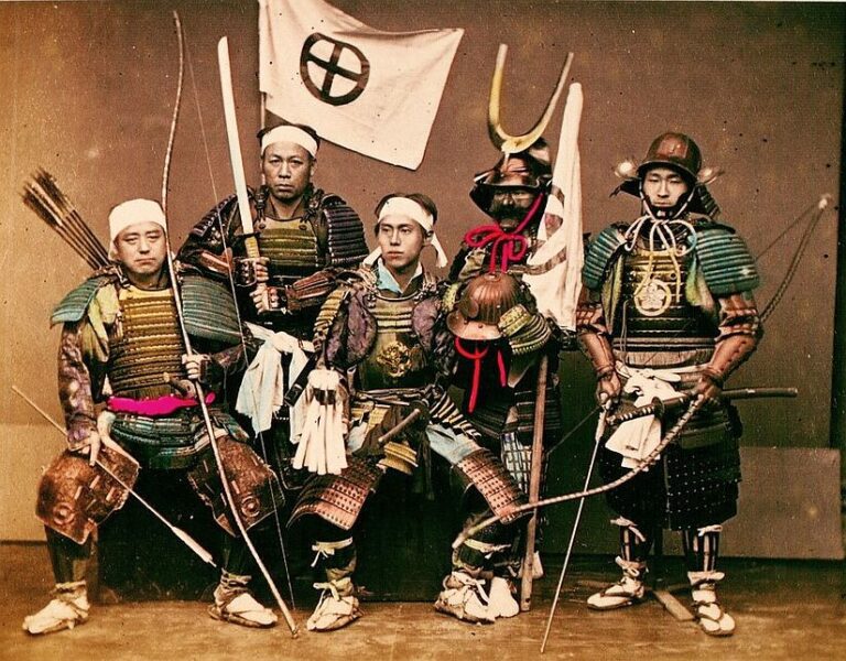 Historical picture of Samurai in armor with their weapons used in Japanese Jujutsu and Bujutsu